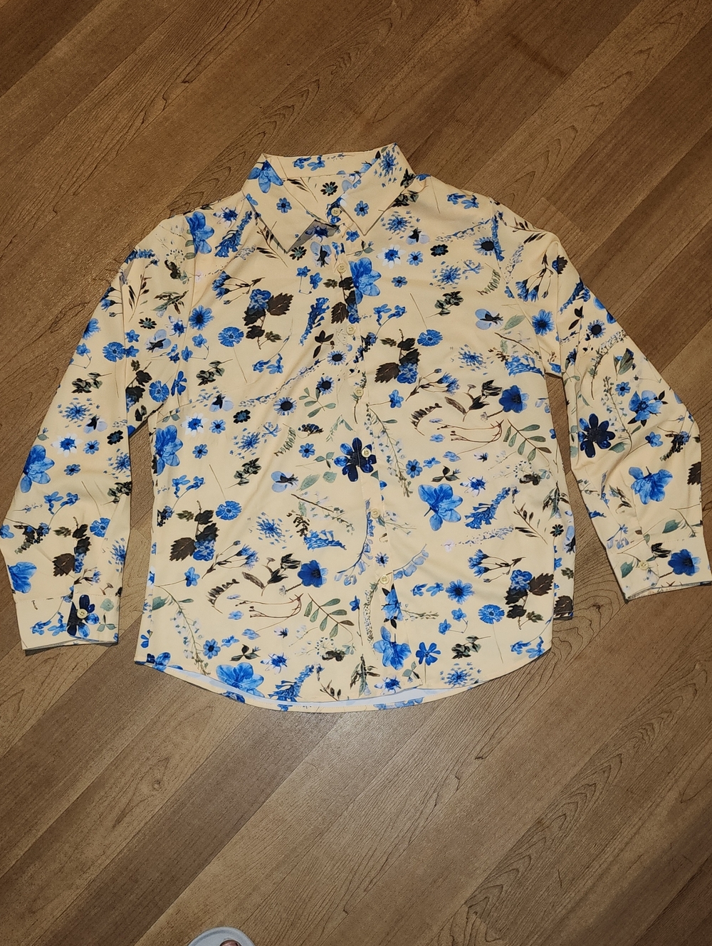 Zeagoo Yellow Button-Down Shirt with Blue Floral Print